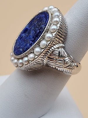 LYDIA Lapis Lazuli/Pearl/Sterling Silver Hand Carved Cameo Ring Size 7