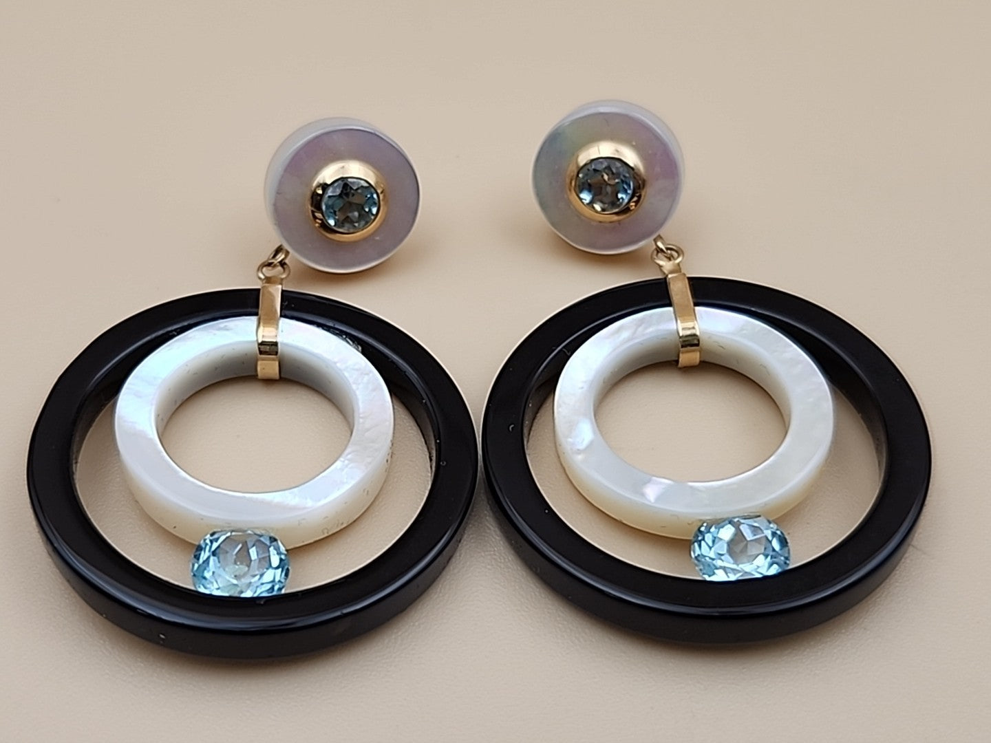 ROSS SIMONS 14k/Mother Of Pearl/Blue Topaz/Open Circle Drop Earrings