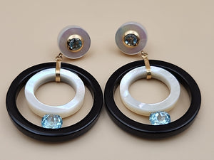 ROSS SIMONS 14k/Mother Of Pearl/Blue Topaz/Open Circle Drop Earrings