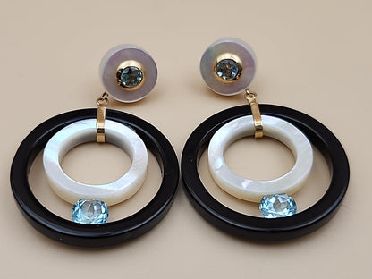 ROSS SIMONS 14k/Mother Of Pearl/Blue Topaz/Open Circle Drop Earrings