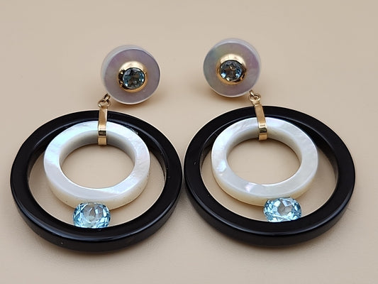 ROSS SIMONS 14k/Mother Of Pearl/Blue Topaz/Open Circle Drop Earrings