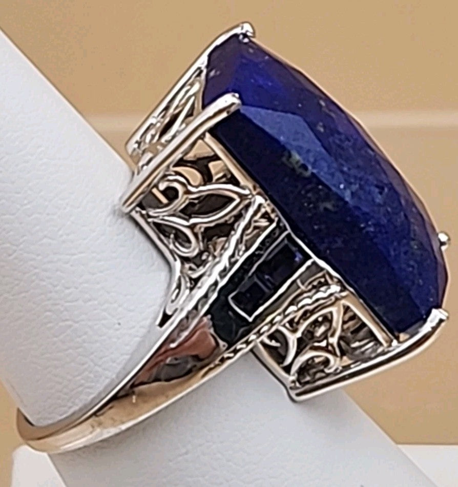 Faceted Lapis Lazuli/Sterling Silver Filagree Ring Size 7