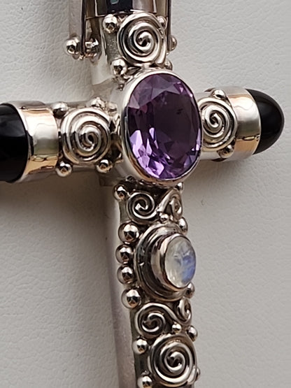 SAJEN Sterling Silver/Amethyst/Moonstone/Black Onyx Swirl Cross Pendant