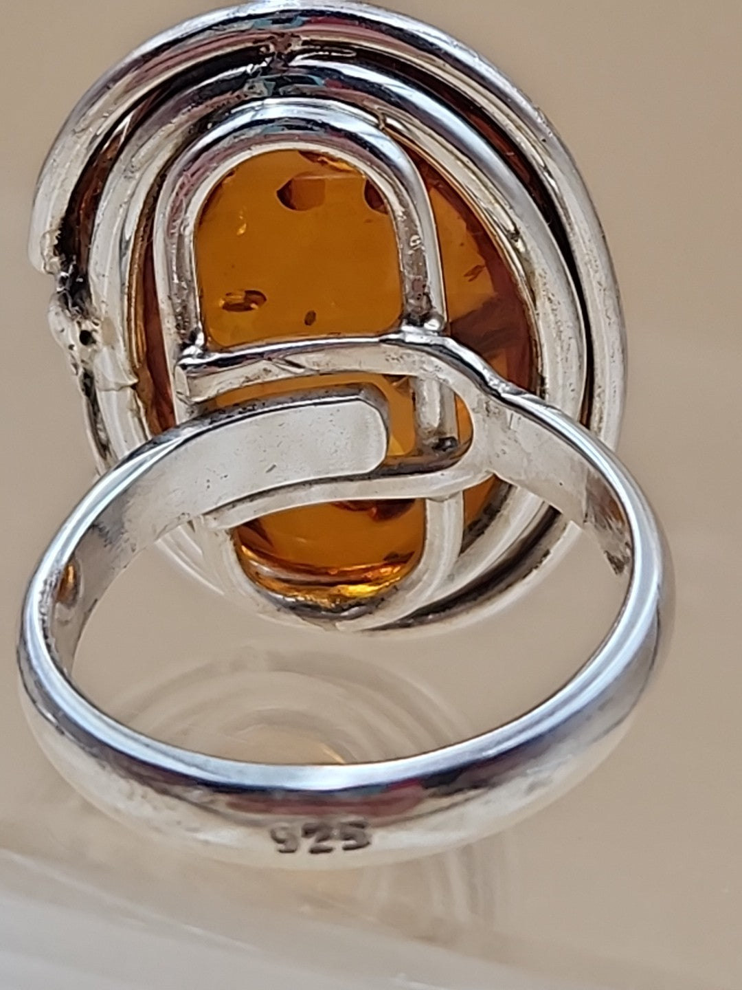 Cognac Baltic Amber/Sterling Silver Leaf Adjustable Ring Size 7.5