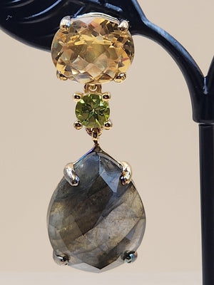 Gray Labradorite/Yellow Citrine/Green Peridot Sterling Silver Drop Earrings