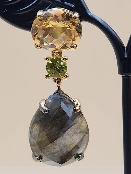 Gray Labradorite/Yellow Citrine/Green Peridot Sterling Silver Drop Earrings