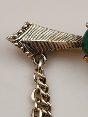 1950's-60's Victorian Revival Jadeite Cabochon/Gold Tone Cameo Dangle Brooch