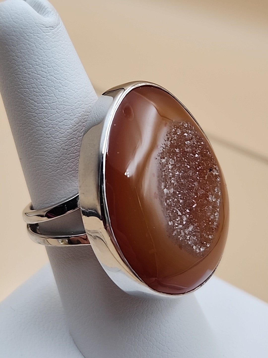 Sterling Silver/Druzy Orange Agate Cabochon/Polished Adjustable Ring Size 7.75 +