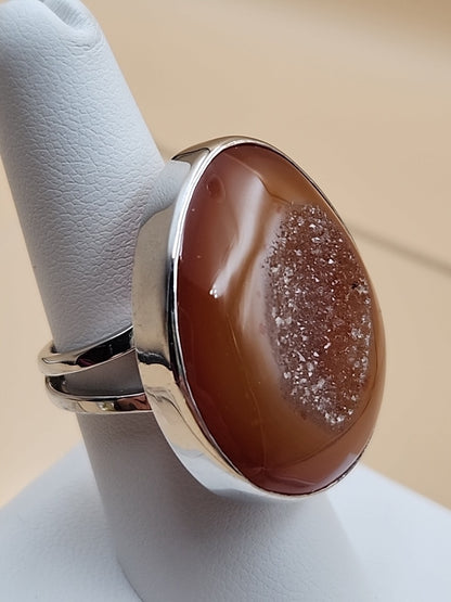 Sterling Silver/Druzy Orange Agate Cabochon/Polished Adjustable Ring Size 7.75 +