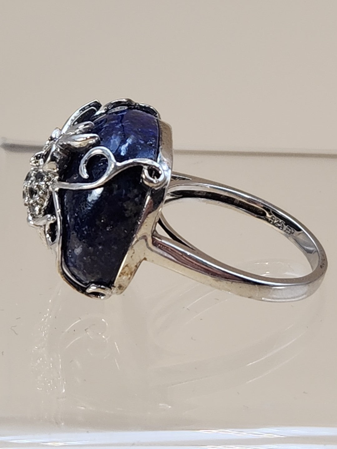 Lapis Lazuli/Sterling Silver/Clear Crystal/Red Garnet Owl Design Ring Size 7.75