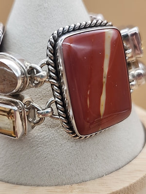 Yellow Citrine/Red Jasper/Rutilated Quartz/Sterling Silver 8"Adjustable Bracelet
