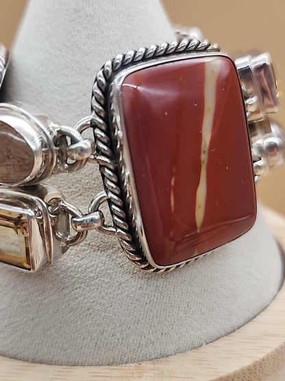Yellow Citrine/Red Jasper/Rutilated Quartz/Sterling Silver 8"Adjustable Bracelet