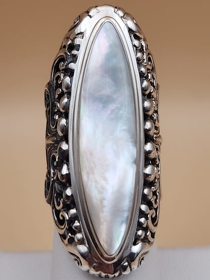 SAMUEL B. Mother Of Pearl/ Sterling Silver Filagree Finger Ring Size 6