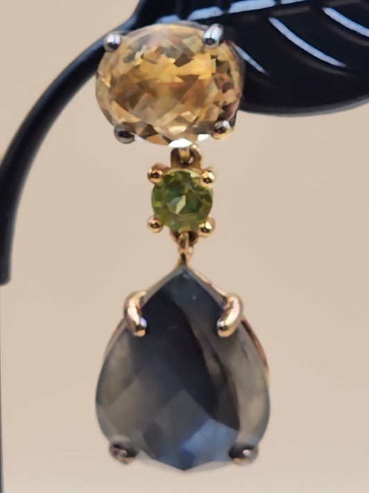 Gray Labradorite/Yellow Citrine/Green Peridot Sterling Silver Drop Earrings
