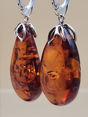 Baltic Cognac Amber/Sterling Silver 1.75" Drop/Dangle Earrings