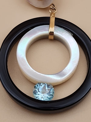 ROSS SIMONS 14k/Mother Of Pearl/Blue Topaz/Open Circle Drop Earrings