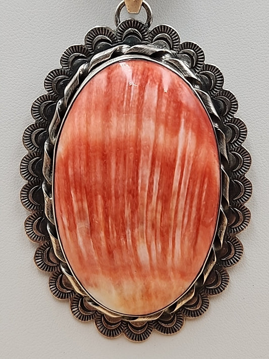 GILBERT PLATERO Navajo Orange Spiny Oyster/Sterling Silver SignedVintage Pendant