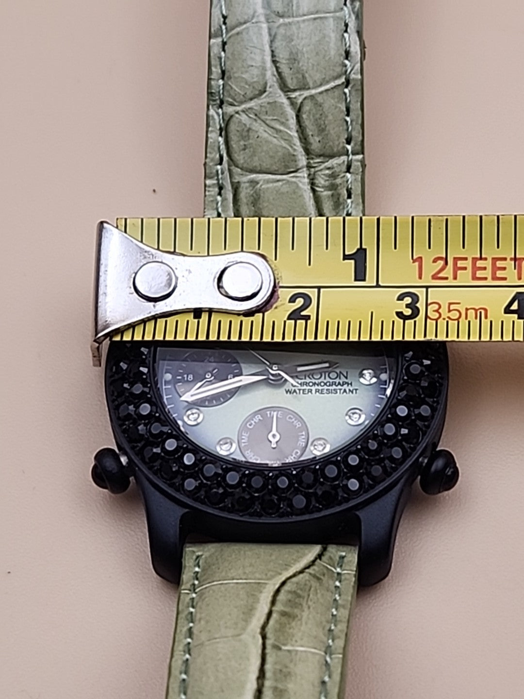 CROTON Green Leather Band/Chronograph/Water Resistant Gemmed Womens Watch