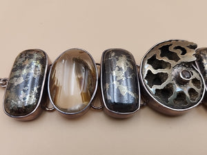 Pyritized Ammonite Shell/Pyrite/Quartz/Smoky Quartz/Sterling Adjustable Bracelet