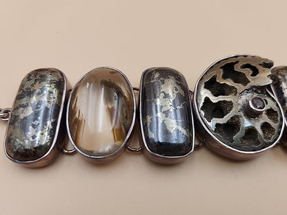 Pyritized Ammonite Shell/Pyrite/Quartz/Smoky Quartz/Sterling Adjustable Bracelet