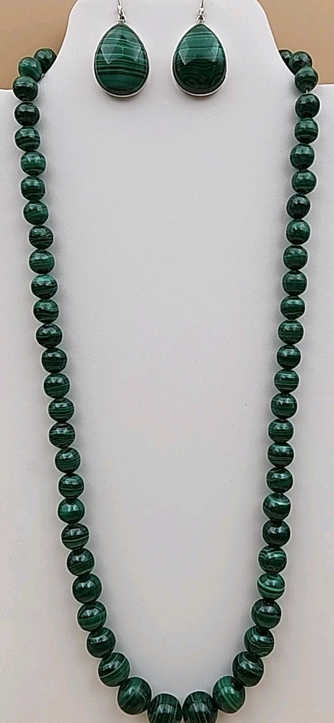 HSN Malachite/Sterling Silver Beaded Adjustable 24" Necklace & Earring Set