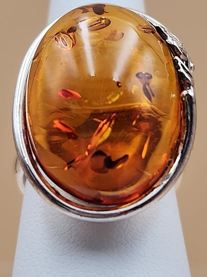 Cognac Baltic Amber/Sterling Silver Leaf Adjustable Ring Size 7.5