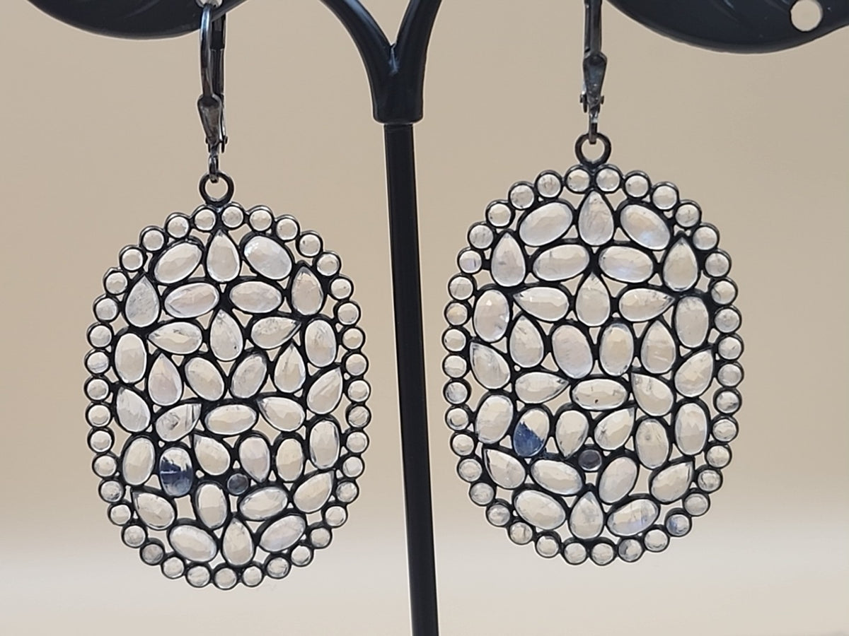 ROSS SIMONS 925 Silver/Moonstone/White Topaz Cluster Ring Sz. 6.25 & Earring Set