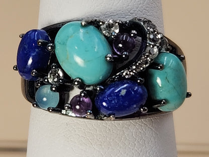 ROSS SIMONS Turquoise/Lapis/Amethyst/Black Rhodium Over Sterling Ring Size 7.25