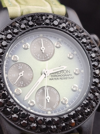 CROTON Green Leather Band/Chronograph/Water Resistant Gemmed Womens Watch