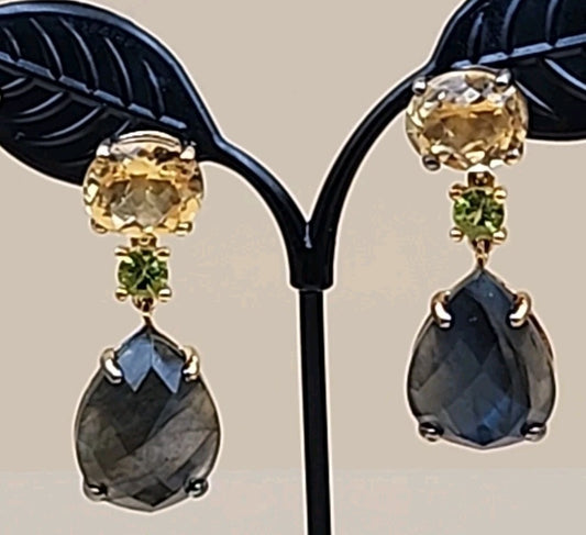 Gray Labradorite/Yellow Citrine/Green Peridot Sterling Silver Drop Earrings