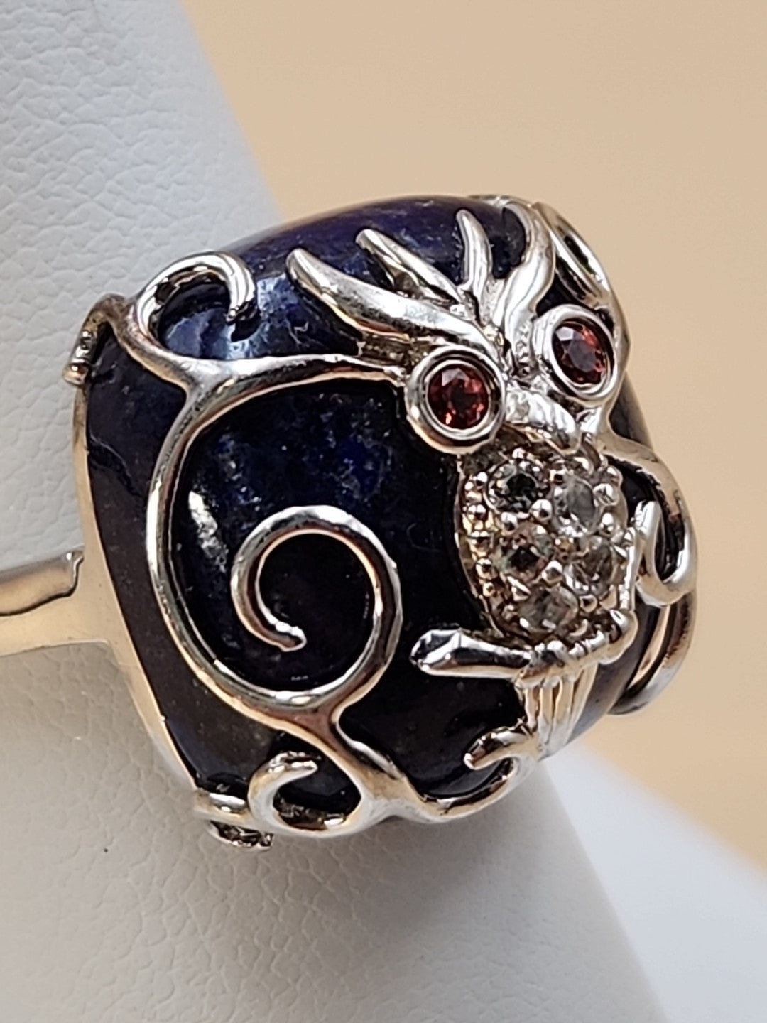 Lapis Lazuli/Sterling Silver/Clear Crystal/Red Garnet Owl Design Ring Size 7.75