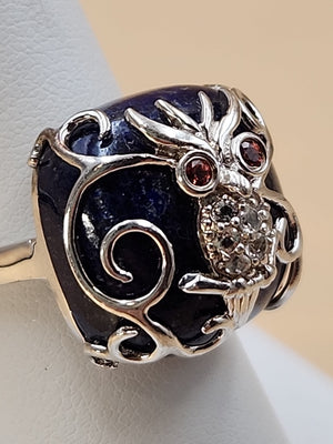 Lapis Lazuli/Sterling Silver/Clear Crystal/Red Garnet Owl Design Ring Size 7.75