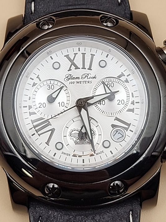 GLAM ROCK Black Leather Miami Chrono 10 ATM Model# 10164 NEW BATTERY