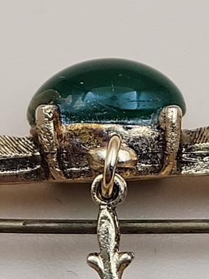 1950's-60's Victorian Revival Jadeite Cabochon/Gold Tone Cameo Dangle Brooch