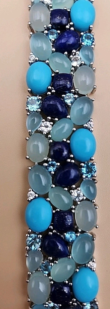 KHR JEWELS Stabilized Turquoise/Lapis/Chalcedony/Blue/White Topaz 7.5"Bracelet