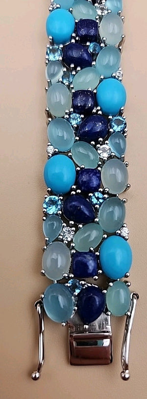 KHR JEWELS Stabilized Turquoise/Lapis/Chalcedony/Blue/White Topaz 7.5"Bracelet