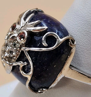 Lapis Lazuli/Sterling Silver/Clear Crystal/Red Garnet Owl Design Ring Size 7.75