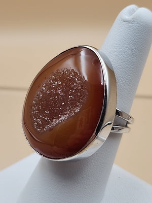 Sterling Silver/Druzy Orange Agate Cabochon/Polished Adjustable Ring Size 7.75 +