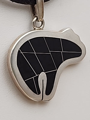 Mexico Southwest Style 950 Fine Silver/ Black Inlaid Onyx Bear Pendant