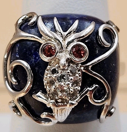 Lapis Lazuli/Sterling Silver/Clear Crystal/Red Garnet Owl Design Ring Size 7.75