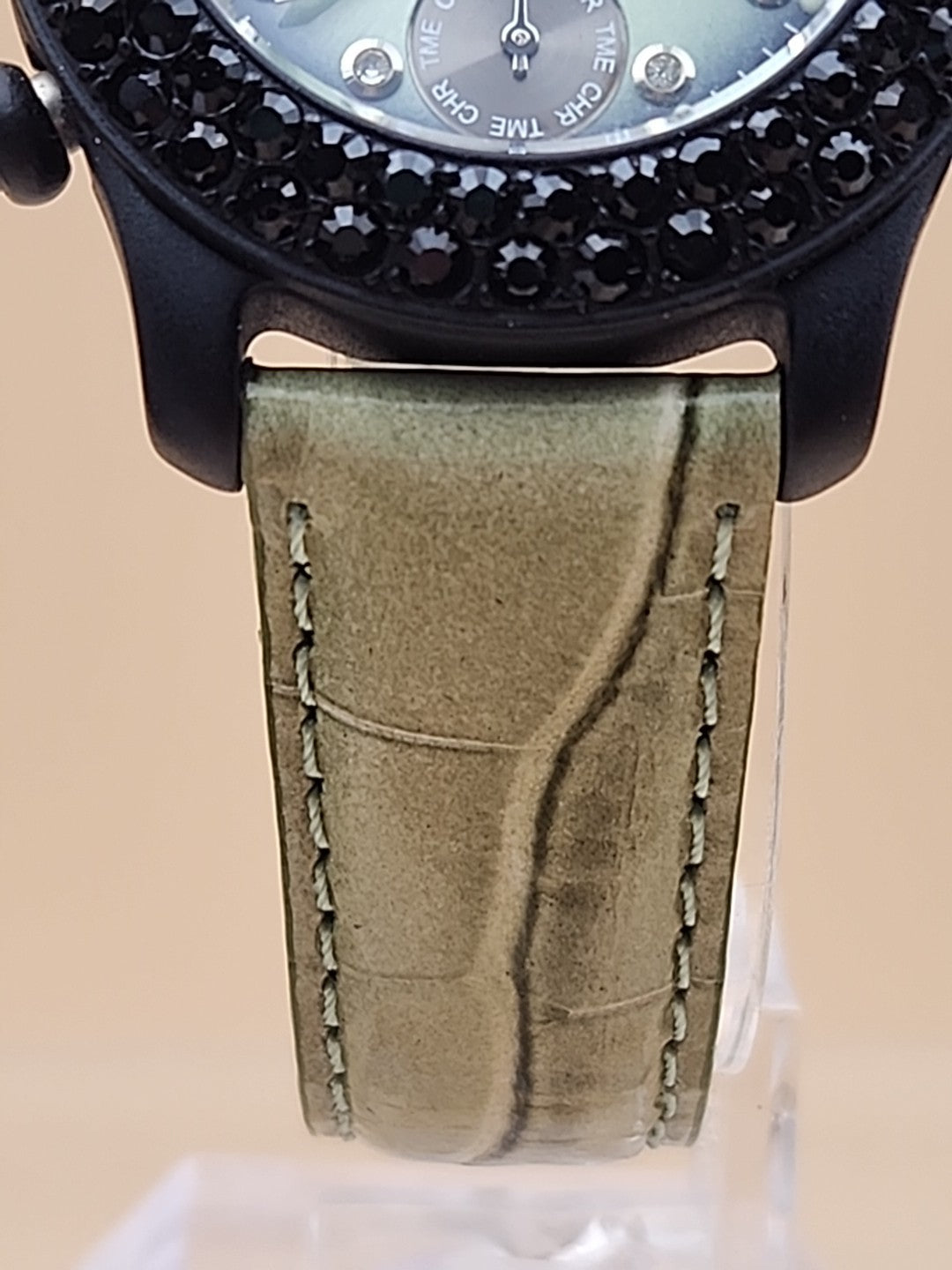 CROTON Green Leather Band/Chronograph/Water Resistant Gemmed Womens Watch