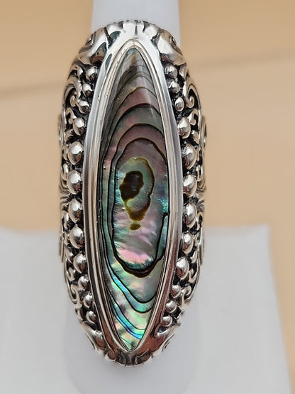 SAMUEL B. Abalone Shell  Sterling Silver Filigree Ring Size 8.25