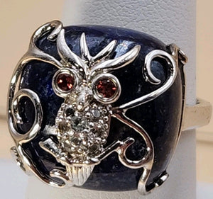 Lapis Lazuli/Sterling Silver/Clear Crystal/Red Garnet Owl Design Ring Size 7.75