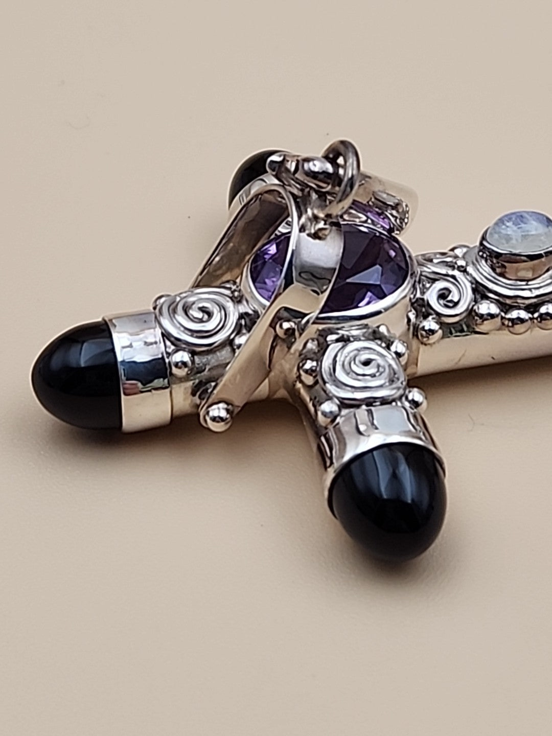 SAJEN Sterling Silver/Amethyst/Moonstone/Black Onyx Swirl Cross Pendant
