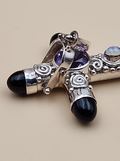 SAJEN Sterling Silver/Amethyst/Moonstone/Black Onyx Swirl Cross Pendant