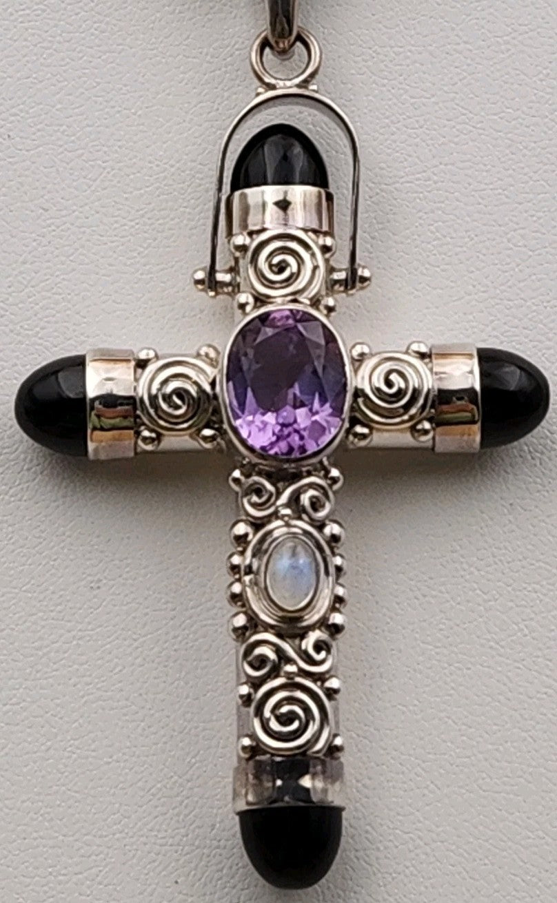SAJEN Sterling Silver/Amethyst/Moonstone/Black Onyx Swirl Cross Pendant