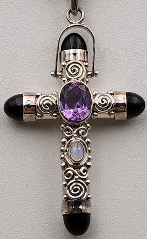 SAJEN Sterling Silver/Amethyst/Moonstone/Black Onyx Swirl Cross Pendant