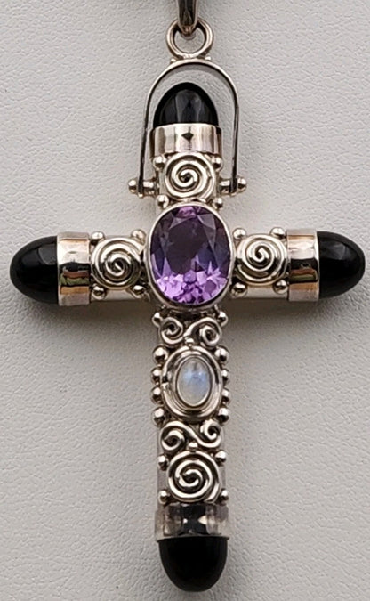 SAJEN Sterling Silver/Amethyst/Moonstone/Black Onyx Swirl Cross Pendant