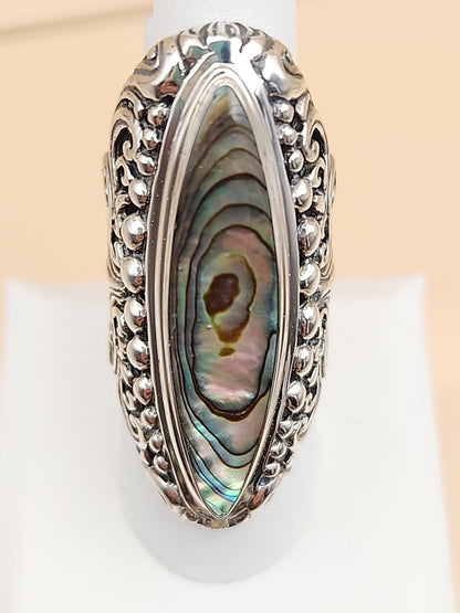 SAMUEL B. Abalone Shell  Sterling Silver Filigree Ring Size 8.25