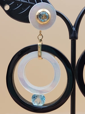 ROSS SIMONS 14k/Mother Of Pearl/Blue Topaz/Open Circle Drop Earrings